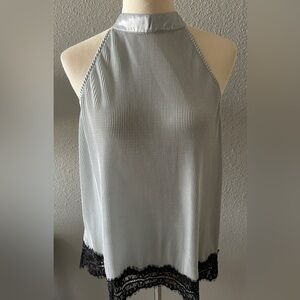Elegant Gray Halter Top with Black Lace Trim